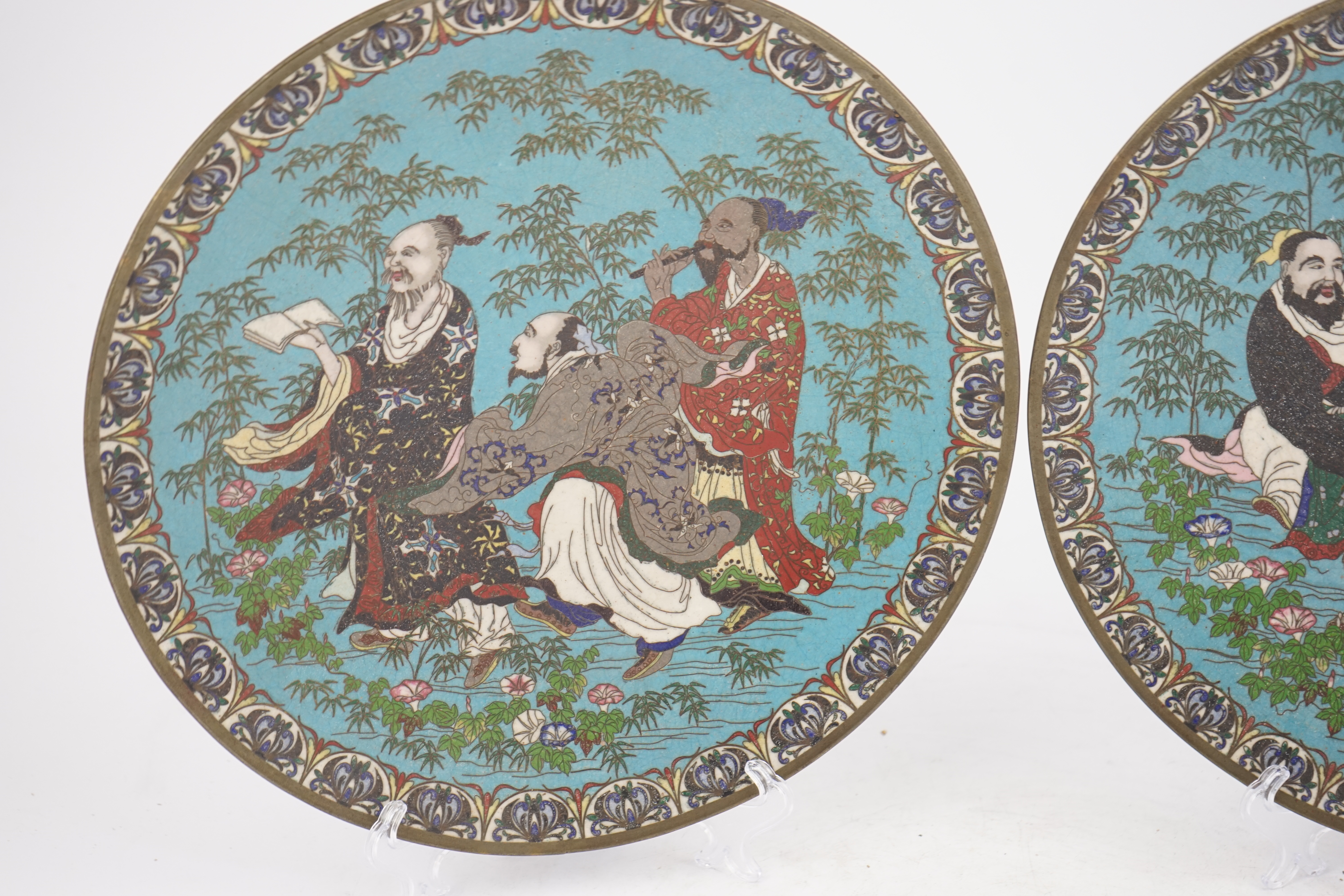 A pair of Japanese cloisonné enamel ‘Seven Sages of the Bamboo Grove’ dishes, Meiji period